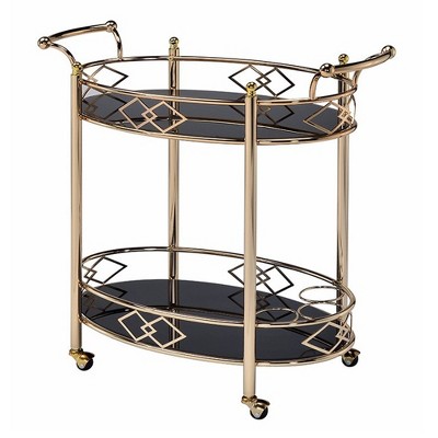 Metal Framed Serving Cart with Tempered Glass Top and Open Bottom Shelf Gold/Black - Benzara