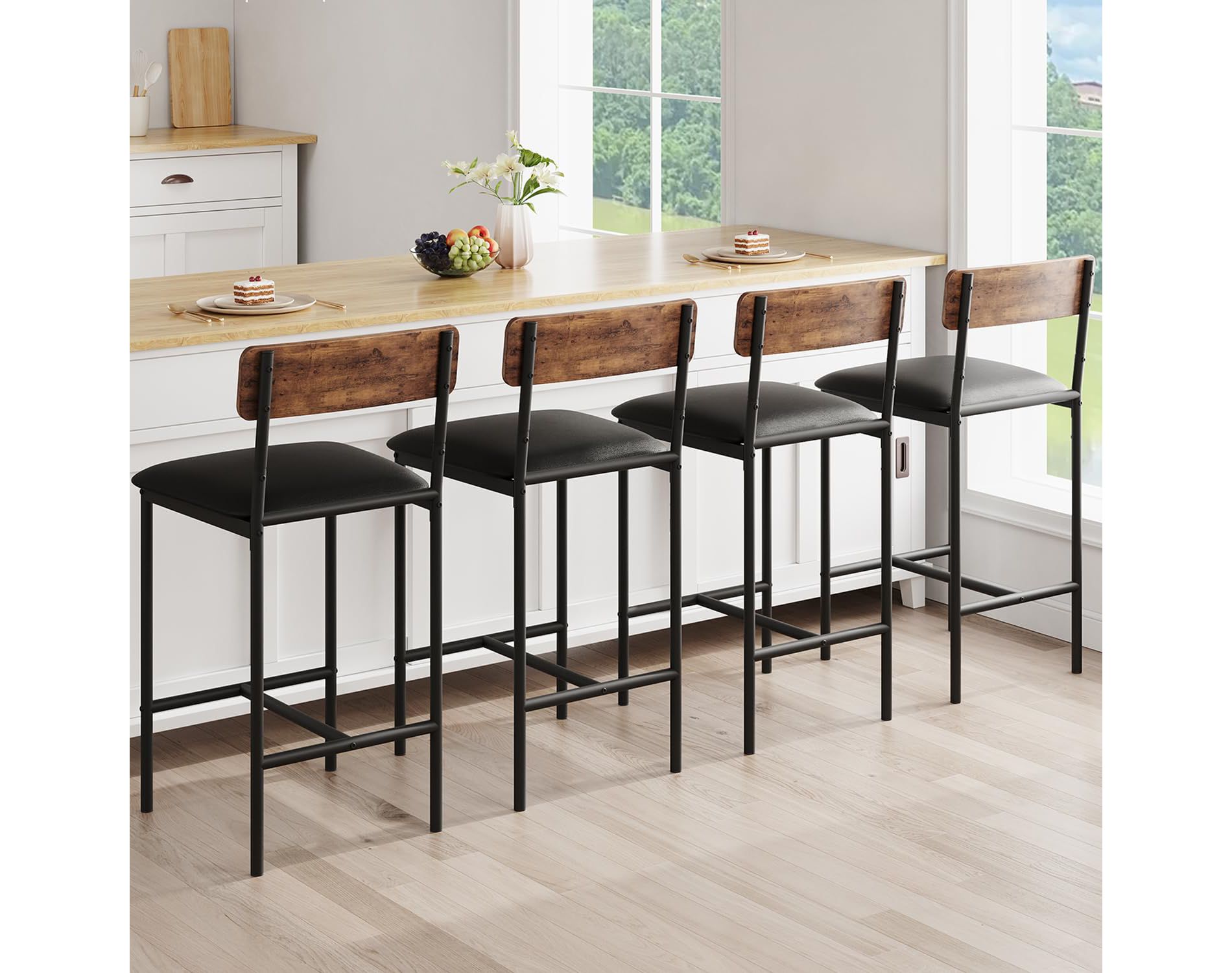4-Pack Counter Bar Stools with Backrest & Footrest, Upholstered Kitchen Island Stools, Easy Assembly, Rustic Brown
