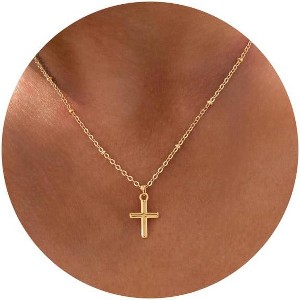Dainty Gold Cross Necklace for Women, 14K Gold Plated Small Pendant Choker - 1 of 4