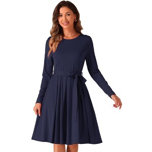 Allegra K Women's Long Sleeve A Line Ruffle Belted Business Casual Dress with Pockets - 1 of 4