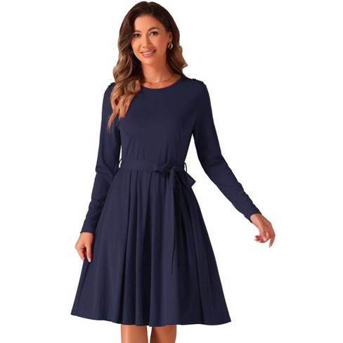 Allegra K Women s Long Sleeve A Line Ruffle Belted Business Casual Dress With Pockets Dark Blue X large Target
