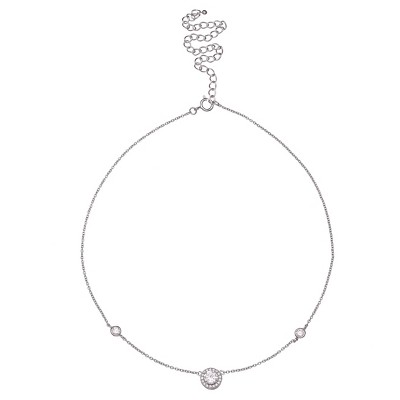 Women's Choker Necklace with Extender and Cubic Zirconia in Sterling Silver - Silver (12" + 4")