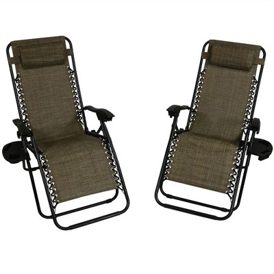 Sunnydaze Folding Oversized Fade-Resistant Outdoor Zero Gravity Lounge Chairs with Pillows and Cup Holders - Brown - 2-Pack