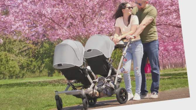 Dream On Me Track Tandem Double Umbrella Stroller in Light Gray, 2 of 10, play video