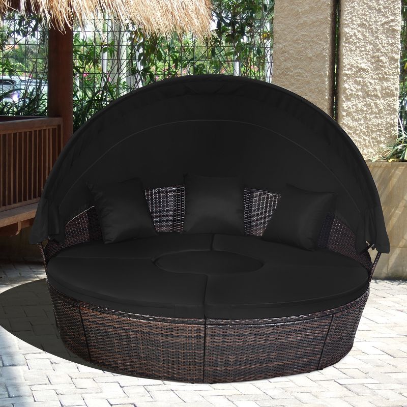 Costway Patio Rattan Daybed Cushioned Sofa Adjustable Table Top Canopy Black, 3 of 11
