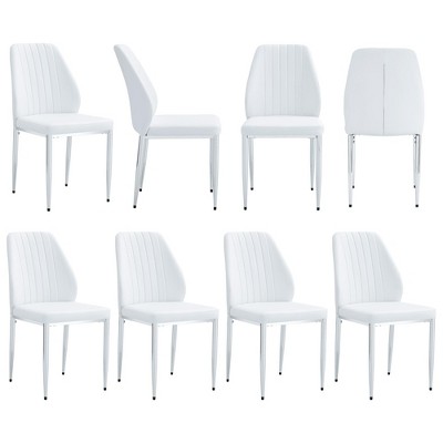 Vynxaria Set of Eight White PU Dining Chairs with Silver Metal Legs