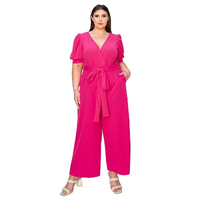 L I V D Women's Iris Surplice Belted Pocket Jumpsuit, Neon Pink, 3X
