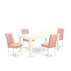 East West Furniture, 5 Piece Dinner Table Set consists A Mid-Century Dining Table and 4 Beige Red Faux Leather Padded Chairs - 1 of 4