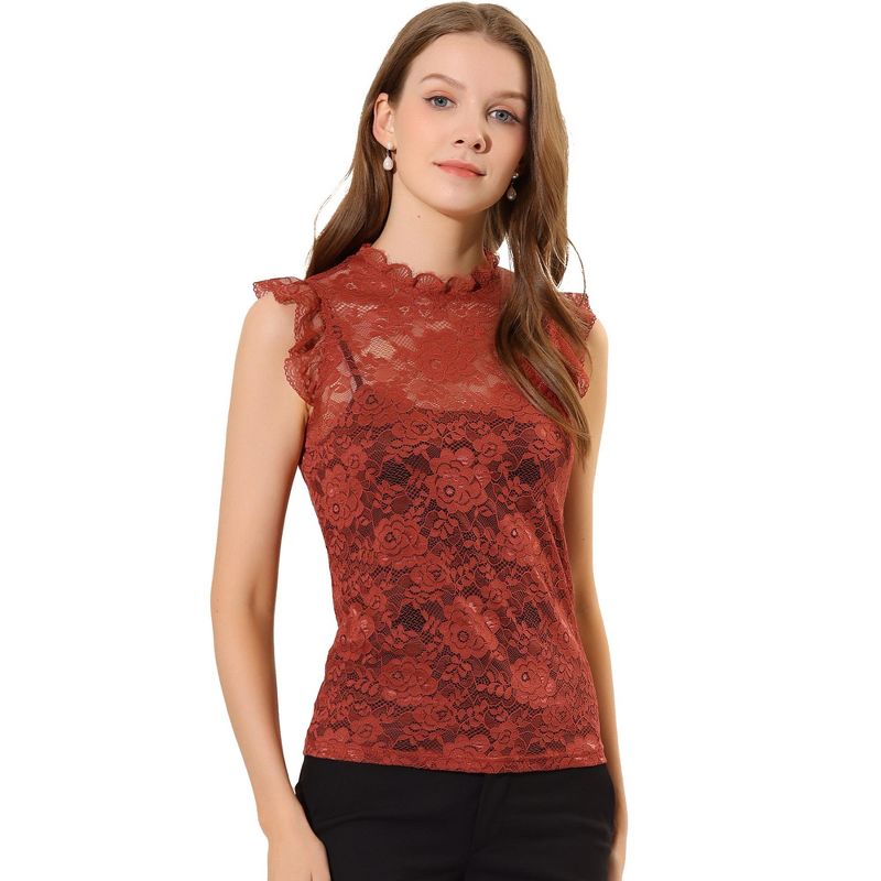Allegra K Women's Sleeveless See-Through Ruffle Scalloped Trim Semi-Sheer Floral Lace Top, 1 of 7