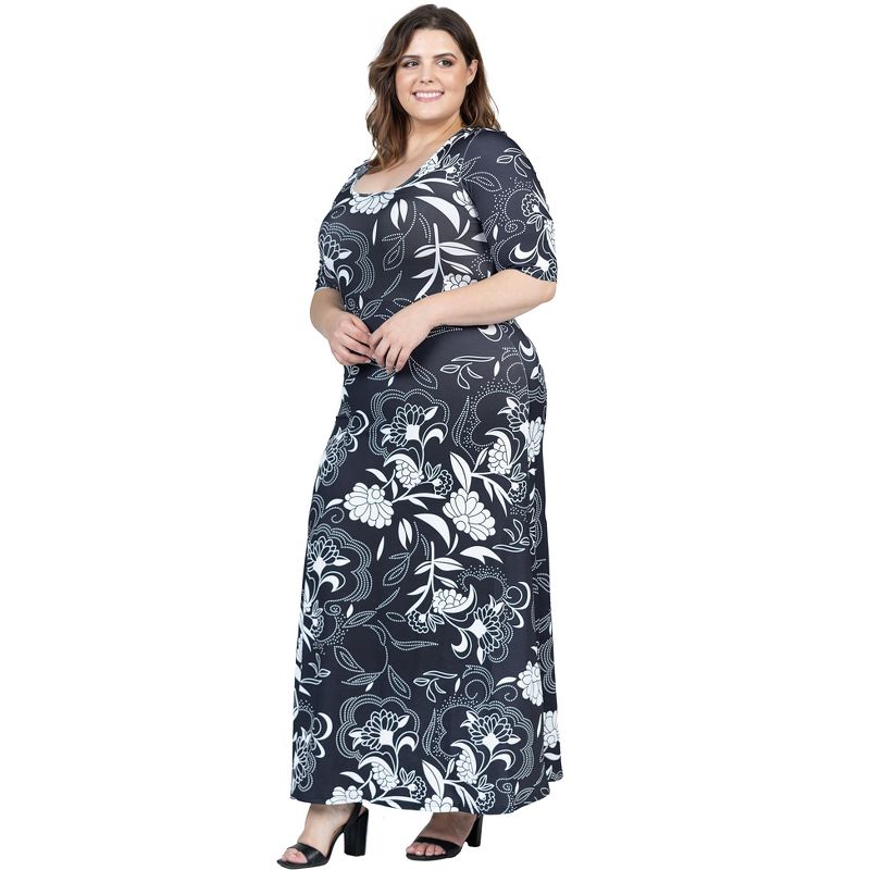 24seven Comfort Apparel Plus Size  Black and White Elbow Sleeve Casual A Line Maxi Dress, 5 of 7