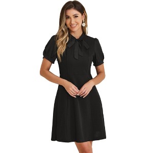 INSPIRE CHIC Women's Bow Tie Keyhole Neck Puff Sleeve Elegant Work Dress - 1 of 4