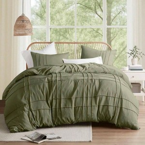 Olive Green King Duvet Cover Set - 3 - Piece Pintuck Pleated, Lightweight, Soft Microfiber - 1 of 4
