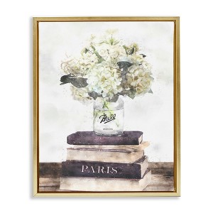 Stupell Industries White Florals on Bookstack Floating Frame Canvas Art, Gold, 25" x 31" - 1 of 4