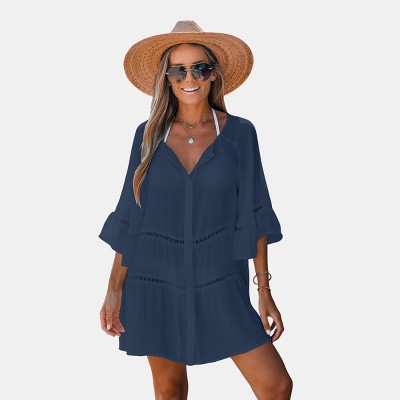 Women's Navy Blue Boho Cover Up Dress with Lace Trim - Cupshe