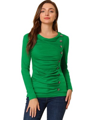 Allegra K Women's Cowl Neck Long Sleeves Buttons Decor Solid Ruched Top