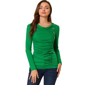 Allegra K Women's Cowl Neck Long Sleeves Buttons Decor Solid Ruched Top - 1 of 4