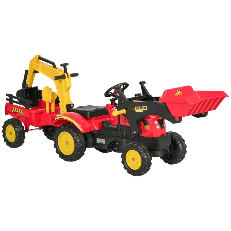 Aosom 3 in1 Kids Ride On Excavator/Bulldozer, Pedal Car Digger Toy Move Forward/Back with 6 Wheels and Detachable Cargo Trailer, Red, 1 of 10
