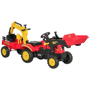 Aosom 3 in1 Kids Ride On Excavator/Bulldozer, Pedal Car Digger Toy Move Forward/Back with 6 Wheels and Detachable Cargo Trailer, Red