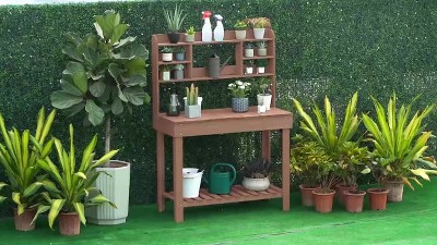 Brown Firwood Potting Bench Table with Display Rack and Storage Shelf