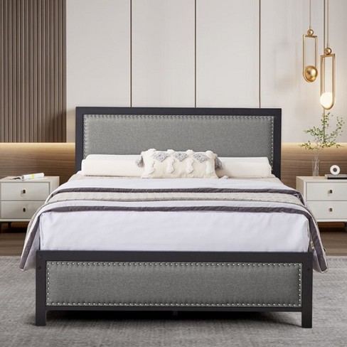 Vecelo Metal Bed Frame With Linen Upholstered Headboard, Platform Bed ...