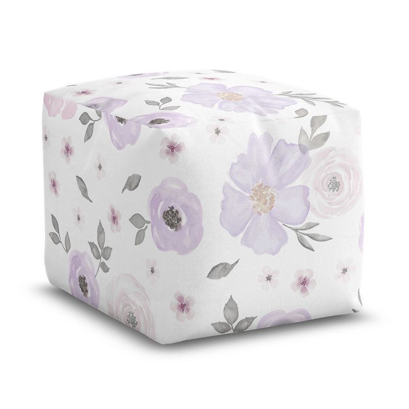 Sweet Jojo Designs Girl Unstuffed Fabric Ottoman Pouf Cover Decorative Storage Watercolor Floral Purple Pink and Grey Insert Not Included, 1 of 6