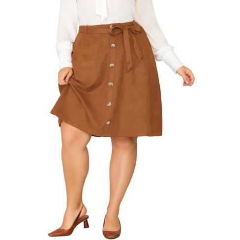 Agnes Orinda Women's Plus Size Faux Suede Elastic Waist Flared Stretch  A-Line Midi Skirts Brown 1X