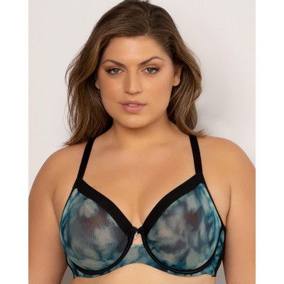 Curvy Couture Women's Sheer Mesh Full Coverage Unlined Underwire Bra Floral  Wash 46DDD
