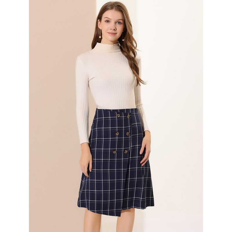 Allegra K Women's Plaid Vintage Faux Wrap Buttons Midi High Waist Skirt, 4 of 7