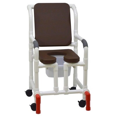 MJM International Corporation Shower Chair 18 In Width 3 In Brown Seat Brown Cushion Padded Back True Vertical Open 10 Qt Slide Mode Pail 300 Lb Wt
