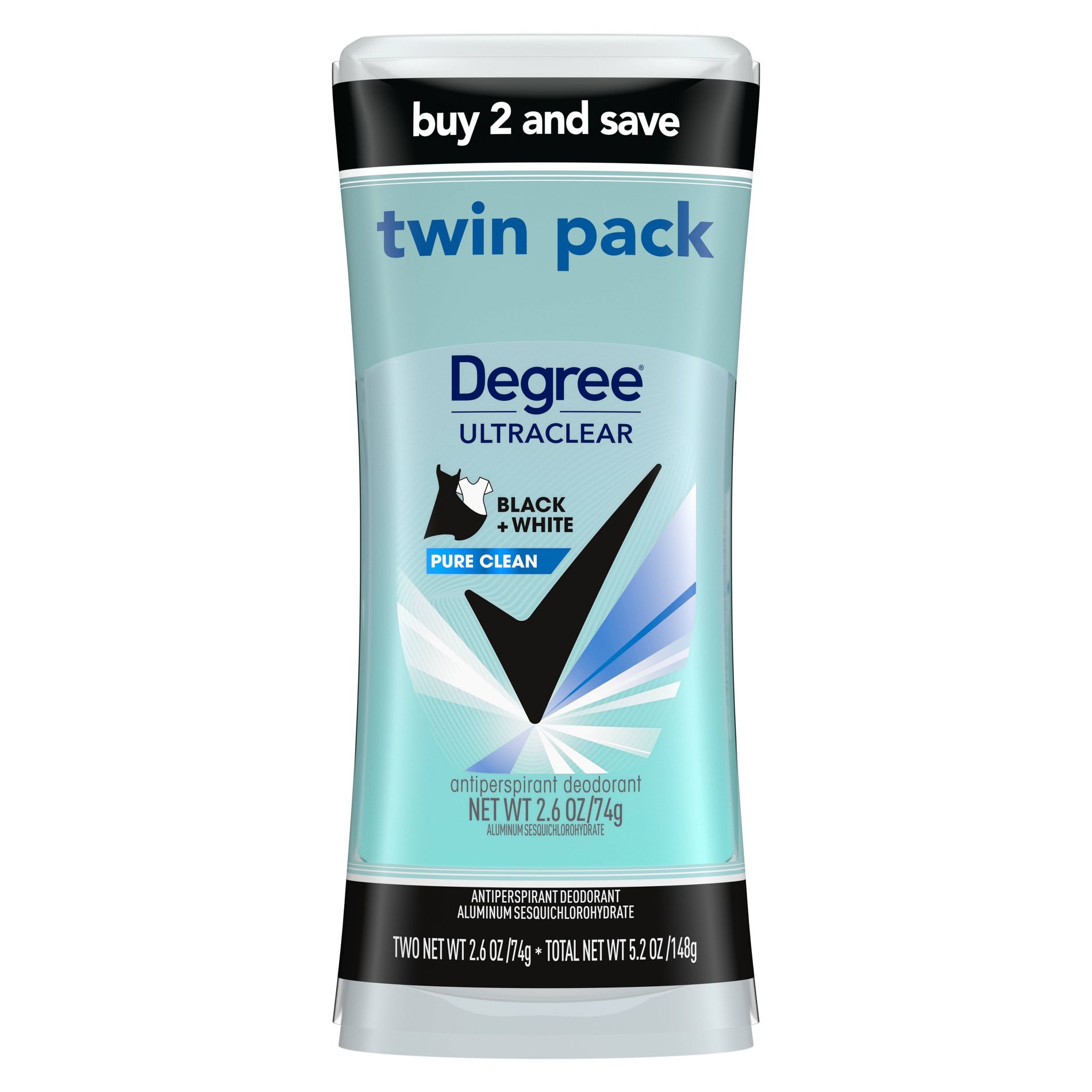 Degree Ultraclear Black + White Pure Clean 72-Hour Solid Antiperspirant & Deodorant - 2.6oz/2pk