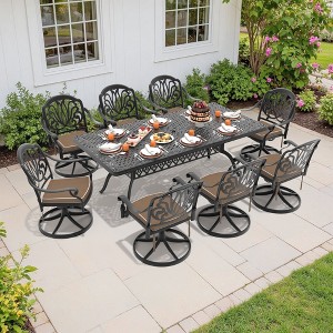 9-Piece Rectangle Cast Aluminum Outdoor Patio Dining Set with Swivel Chairs & Brown Cushions & Umbrella Hole - 1 of 4