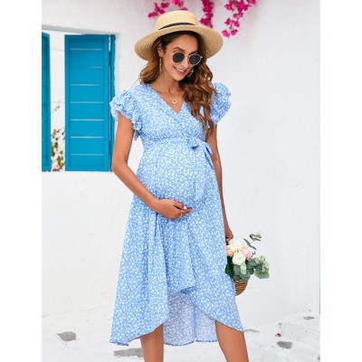 YesFashion Women's Maternity V Neck Ruffle Short Sleeve Wrap Dress Casual Flowy Nursing Breastfeeding Midi Dress with Belted