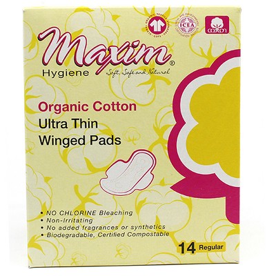 Maxim Organic Cotton Ultra Thin Winged Pads, Regular Absorbency, Size 2 - 14Ct