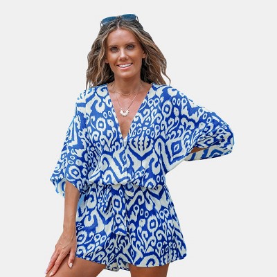 Women's Blue Abstract V-Neck Wide Leg Romper - Cupshe