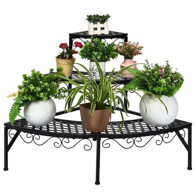 Black Metal 3-Tier Corner Plant Stand with Decorative Lace