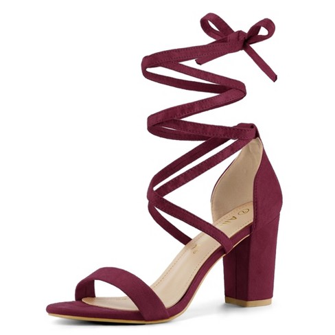 Allegra K Women's Open Toe Lace Up Chunky High Heels Sandals Burgundy 6 ...