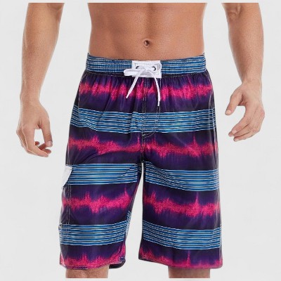 Anna-Kaci Men's Vibrant Stripe Gradient Swim Shorts with Drawstring Waist and Side Cargo Pocket