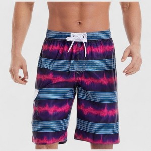 Anna-Kaci Men's Vibrant Stripe Gradient Swim Shorts with Drawstring Waist and Side Cargo Pocket - 1 of 4