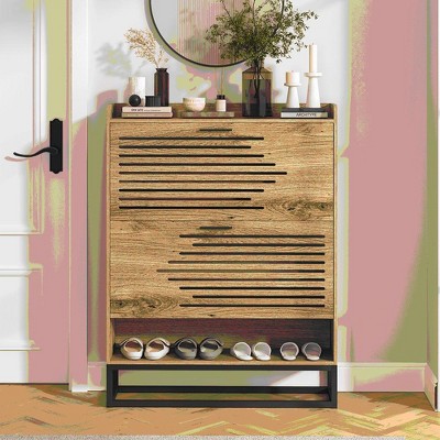 Resenkos Slim Wooden Farmhouse Shoe Storage Cabinet Organizer with 2 Flip Drawers and Open Storage, Natural Brown