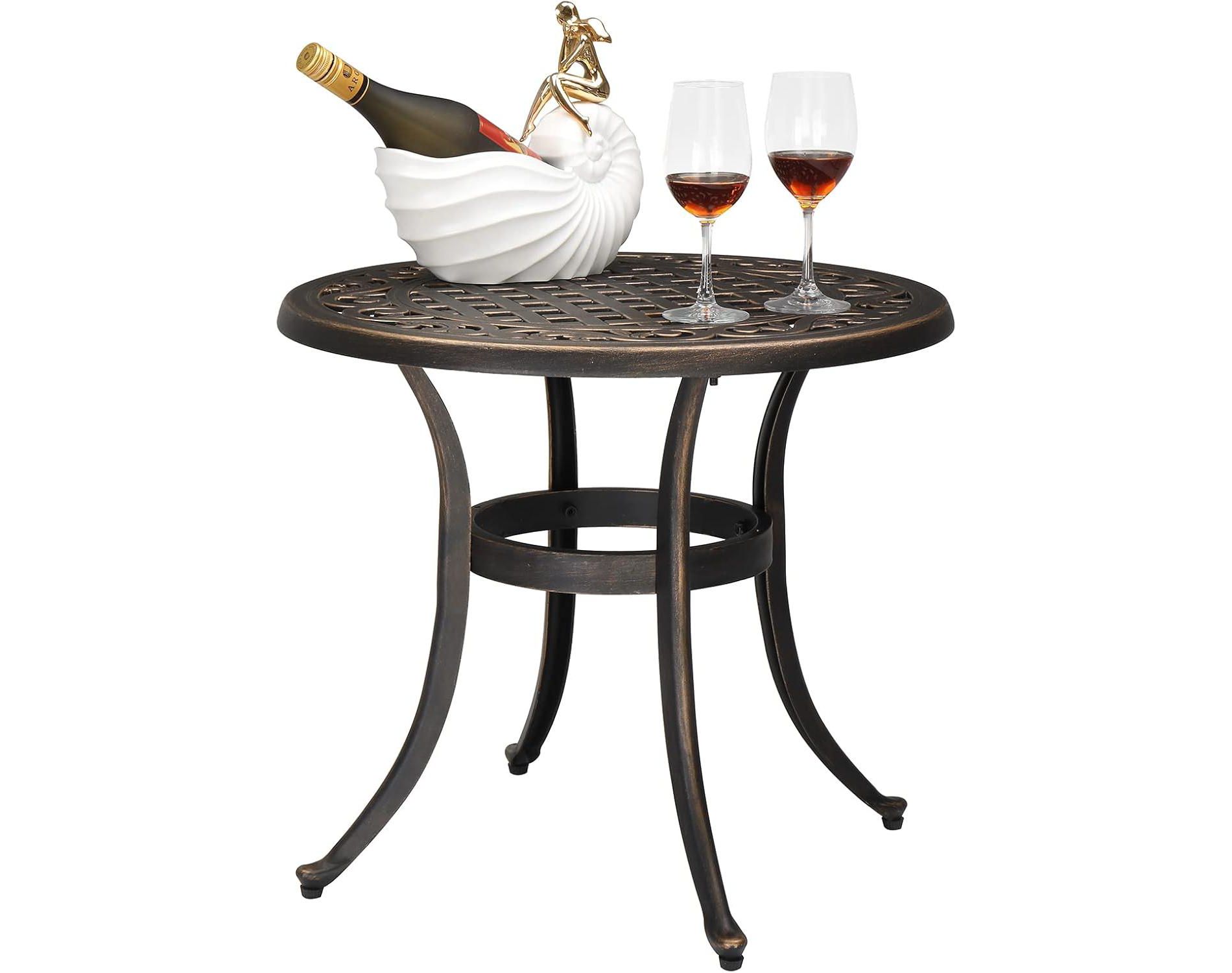 VINGLI 24” Cast Aluminum Outdoor Side Table, All Weather Round Patio Coffee Table Porch Table Outdoor Bistro Table Outdoor End Table