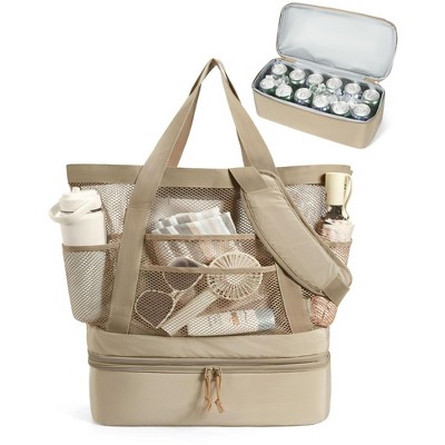 Beach Bag with Cooler, Mesh Beach Tote Bag with Zipper and Pockets Large and Packable