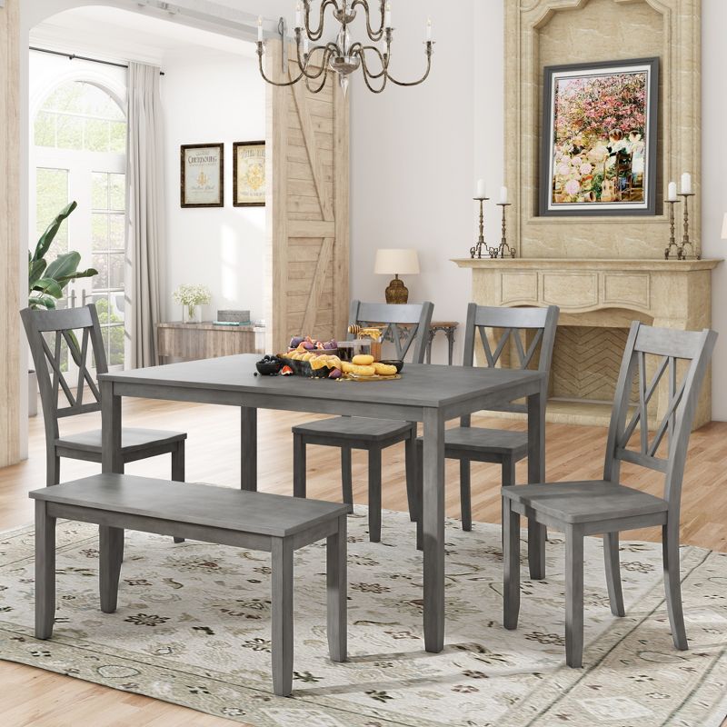 6-Piece Farmhouse Rustic Wooden Dining Table Set with 4 Cross Back Chairs and Bench - ModernLuxe, 1 of 11