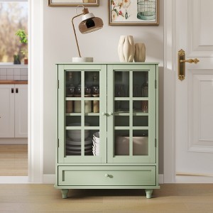 Airsurfer Minimalism Buffet Cabinet with Double Glass Doors and Drawer, Modern Wooden Storage Sideboard Cupboard, 28''x15''x36.22'' - 1 of 4