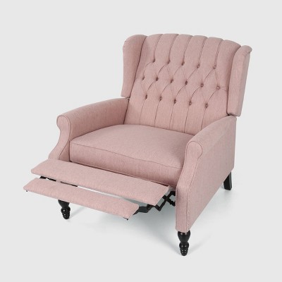 Blush Harmony Oversized Tufted Wingback Recliner in Dark Brown Wood