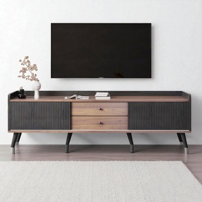 63'' Mid Century TV Stand with 2 Cabinets & Open Compartments, Entertainment Center for TVs up to 70'', Television Console for Home Theatre