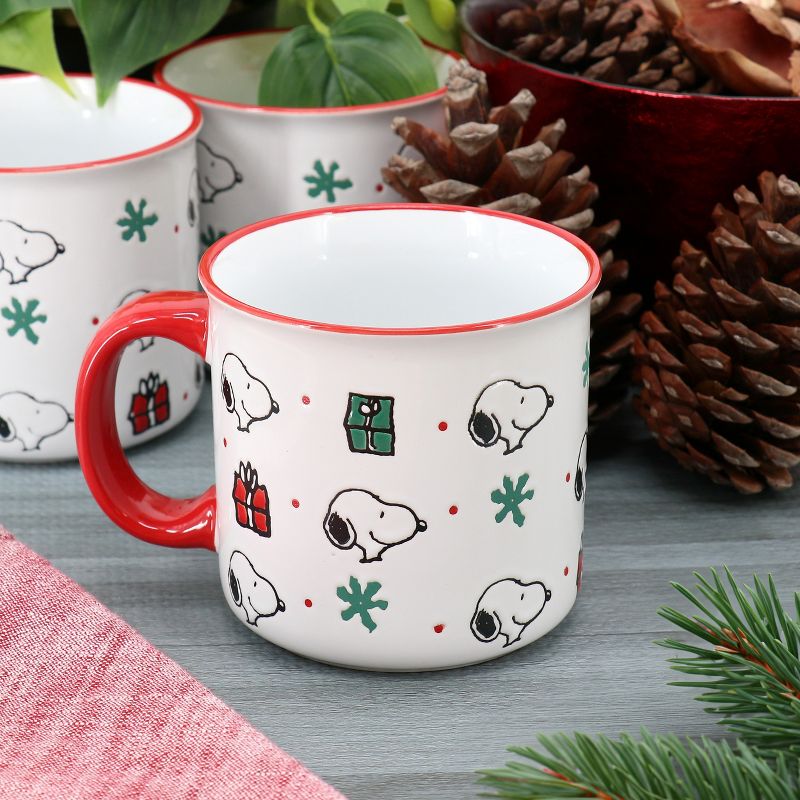 Peanuts Snoopy Christmas Gift 4 Piece 21 Ounce Stoneware Camper Mug Set in White and Red, 3 of 7