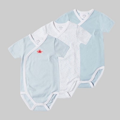 Image of Stellou & Friends Unisex Crossbody Side Snap Onesies - Cotton Bodysuit - 3-pk - Blue Stripes & Dots / 0-3 Months