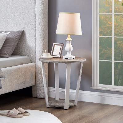 Off-White Round Wood End Table with Shelf
