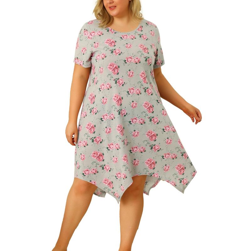 Agnes Orinda Women's Plus Size Short Sleeve Floral Cute Irregular Hem Nightgowns, 1 of 7