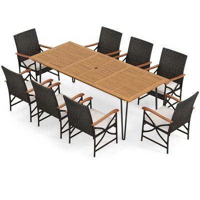 Tangkula 9 PCS Outdoor Patio Dining Set Armchairs Set of 8 and Acacia Wood Square Table